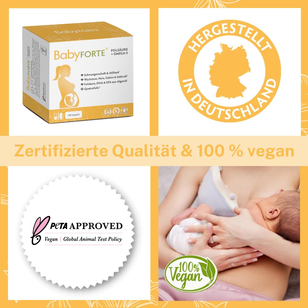 BabyFORTE Pregnancy Vitamins | 180 vegan capsules with folic acid, DHA, EPA, iodine & Co.