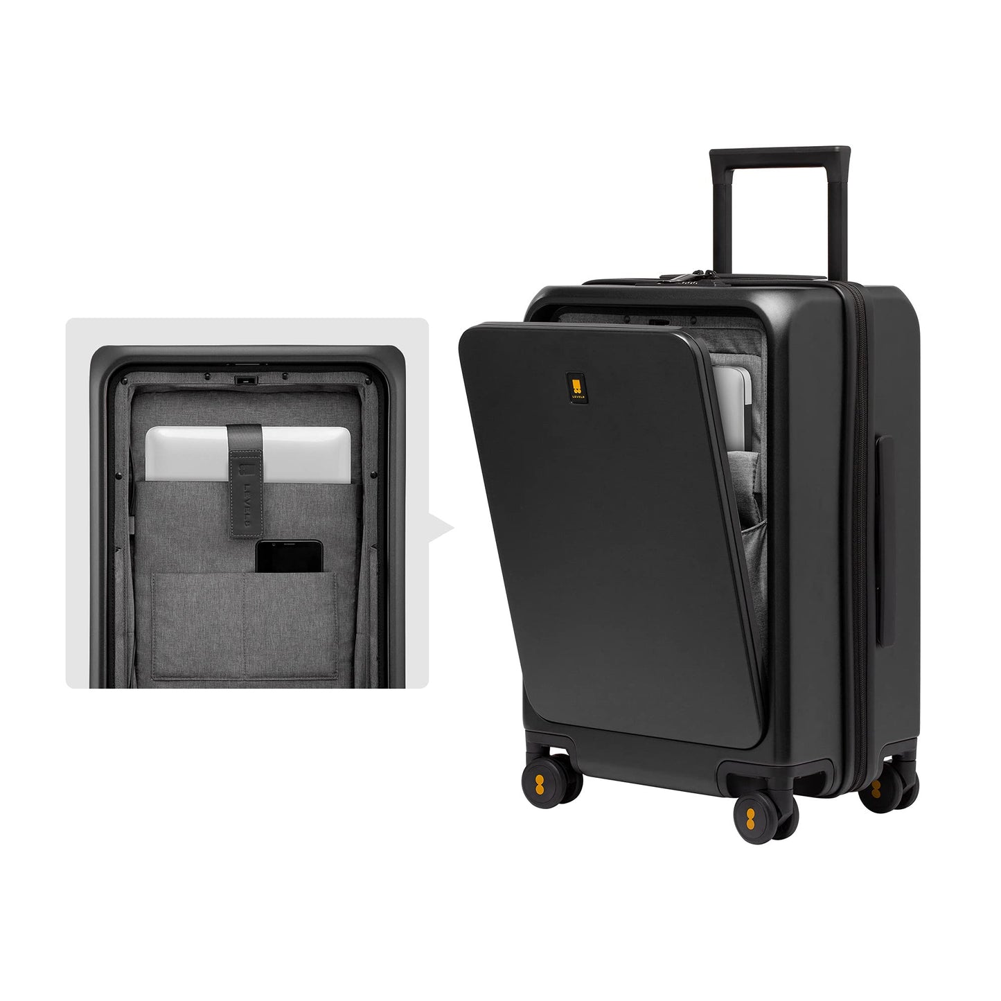 LEVEL8 hard-shell travel suitcase with USB & front laptop compartment: TSA lock (black)