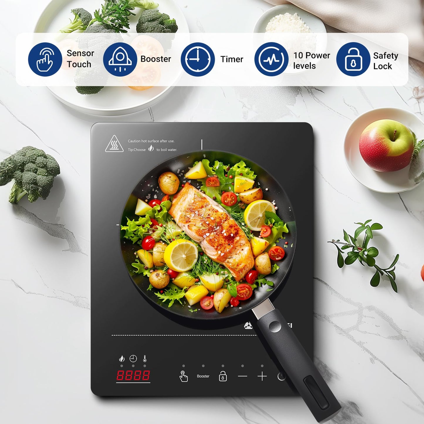 Aobosi Induction Hob 1 Plate, Induction Hob with Booster Function, 20 Power Levels and Temperature Levels, Compact Size, 2000W Portable Induction Hob, 10H Timer, Black