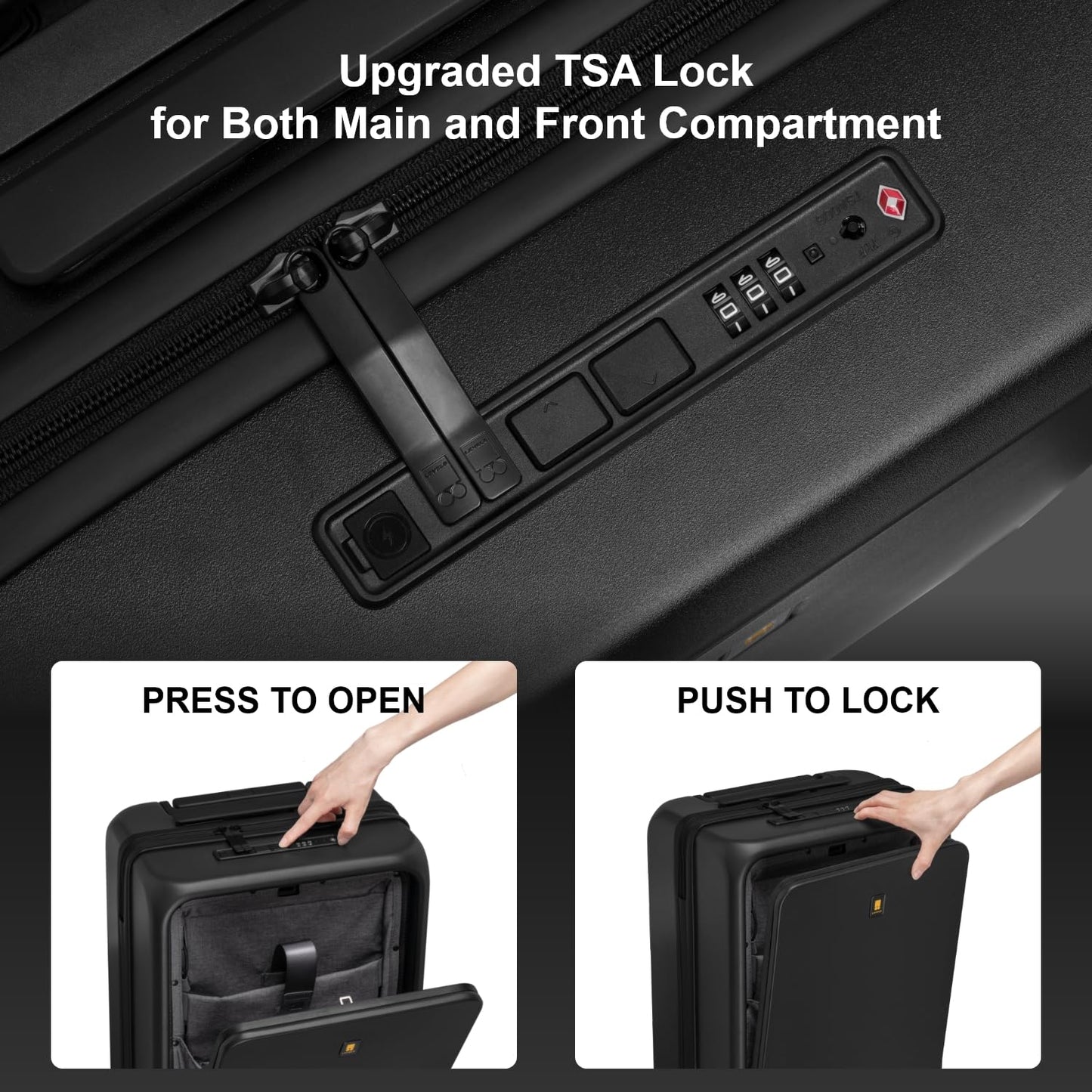 LEVEL8 hard-shell travel suitcase with USB & front laptop compartment: TSA lock (black)