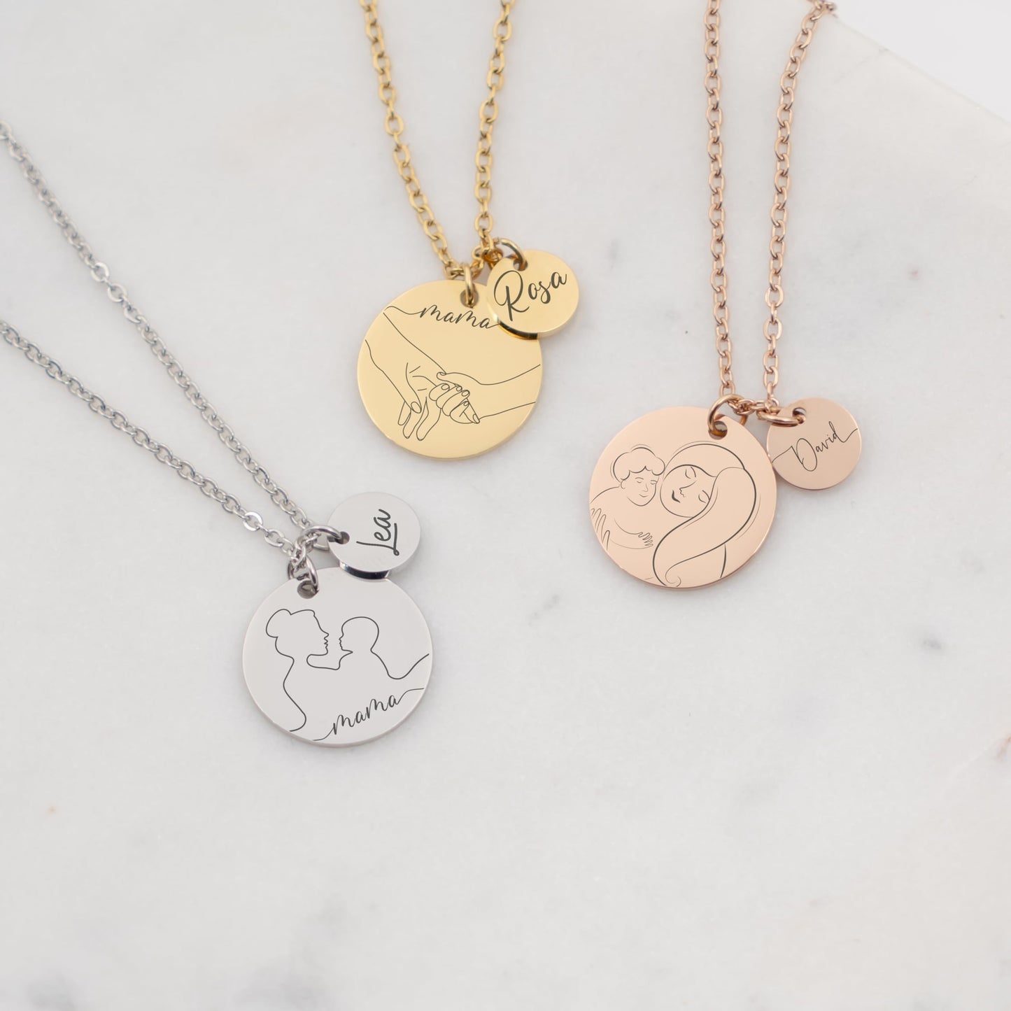 Personalized initial necklace for mothers with engraving & two round pendants in rose gold, gold and silver