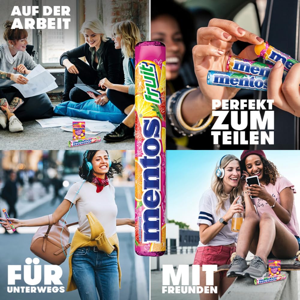Mentos Fruit Dragees, fruit candies with orange, lemon, strawberry, chewy candies with fruity flavor, candy multipack (40 rolls), vegan
