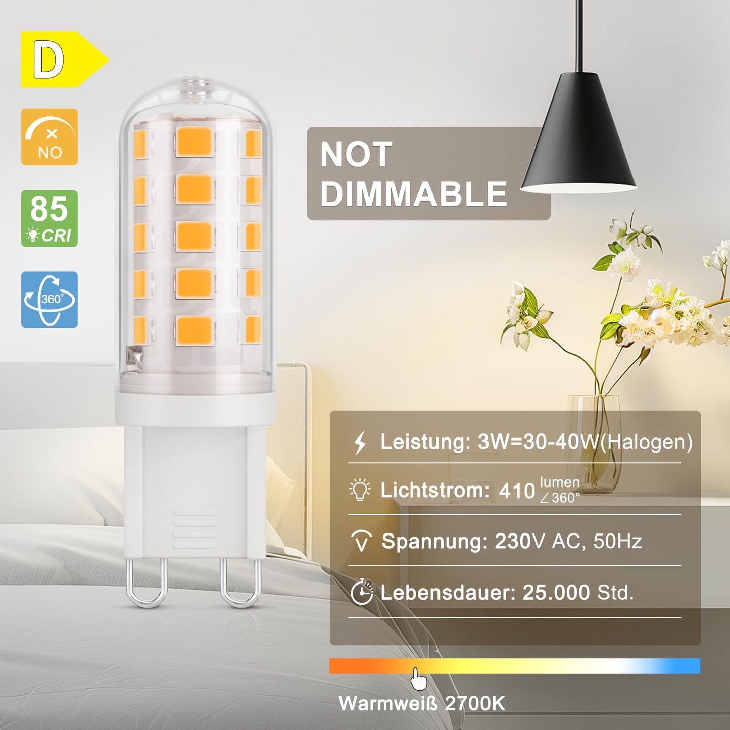 DiCUNO G9 LED bulb 3W (warm white 2700K): Non-dimmable - 6-pack