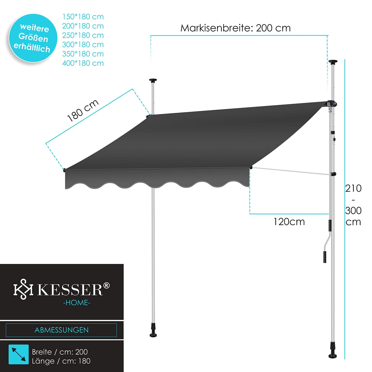 KESSER® Sun Protection Clamp Awning for Balconies & More | Height Adjustable without Drilling (Anthracite)