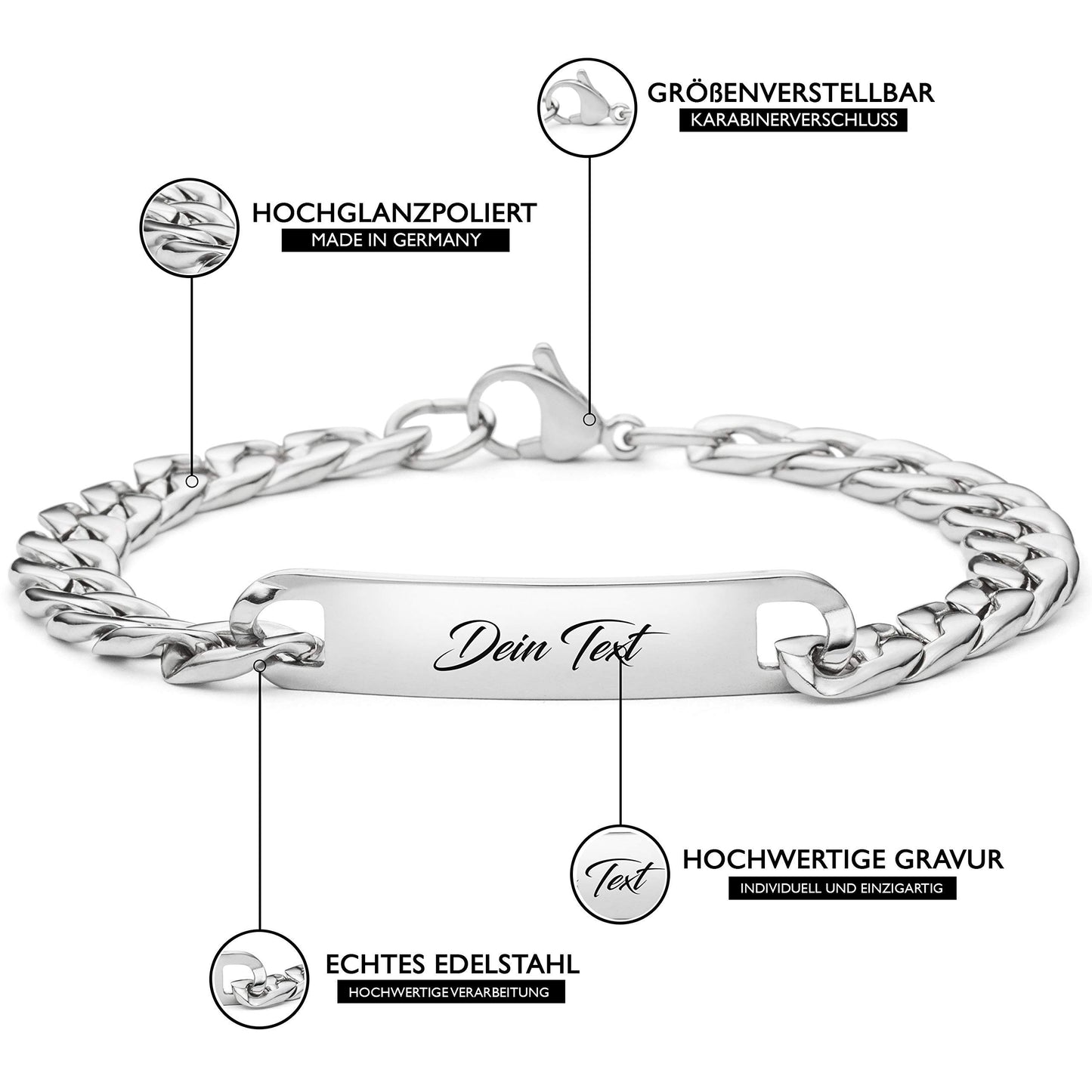 Personalisiertes Edelstahl-Armband für Herren mit Wunschgravur (2 Stück): Silber, Schwarz