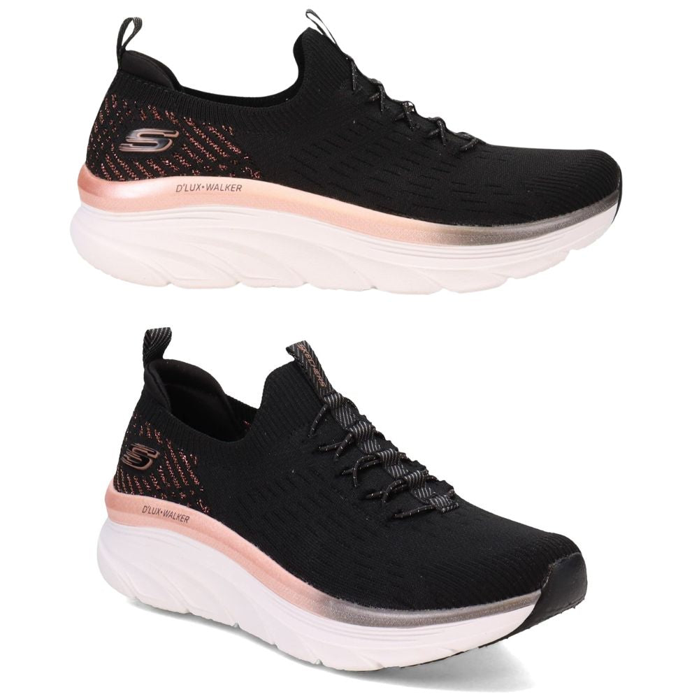 Skechers 'D'LUX Walker LET IT Glow' Women's Sneaker (Black Knit-Rose Gold Trim)
