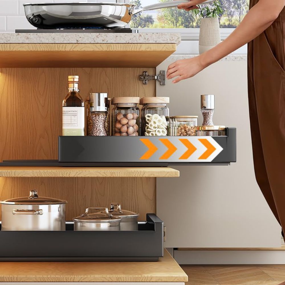 Extendable telescopic drawer storage shelf (43x40x9cm): No drilling or nailing