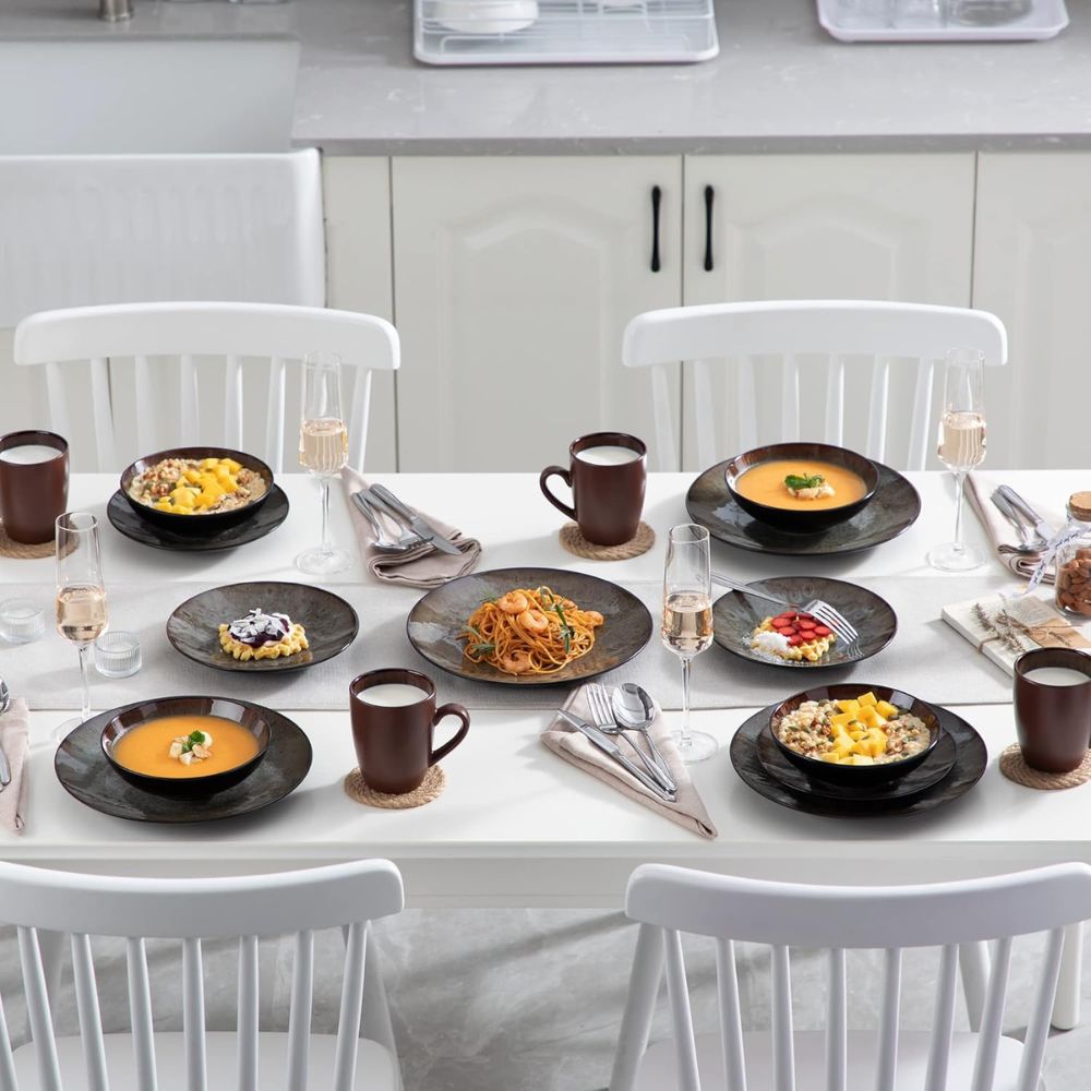 VANCASSO BUBBLE 48-piece Vintage Ceramic Dinnerware Set | Plates, Bowls & Cups in Brown