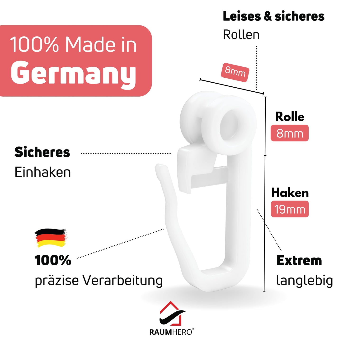 Raumhero Gardinen Rollengleiter (100 Haken & 6 Feststeller) -Weiß- Made in Germany
