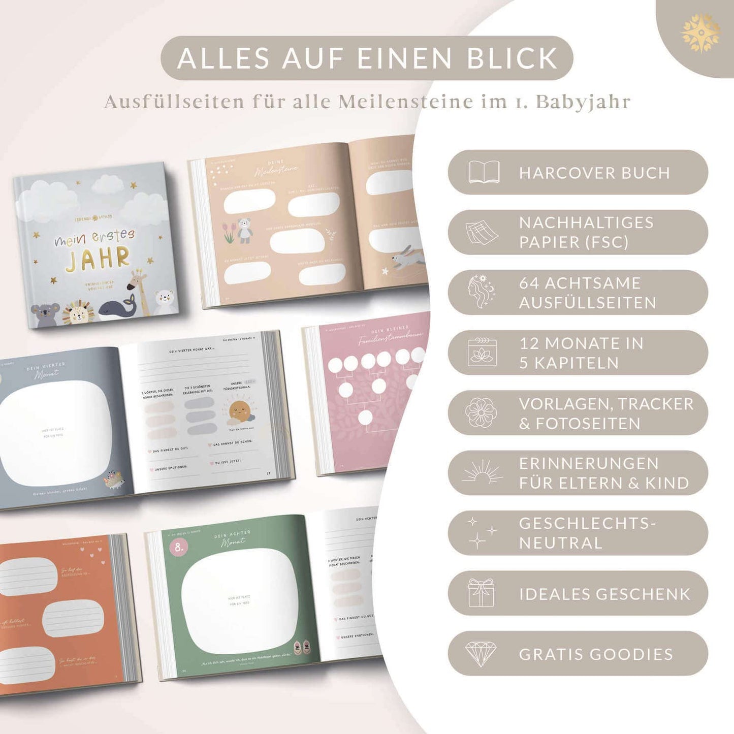 Babyalbum - Mein erstes Jahr "PURE" mit über 75 Stickern & Spruchkarte EXTRA