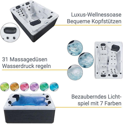 Outdoor-Whirlpool 'BERLIN' für 3 Personen inkl. Thermoabdeckung & LED: 31-Massagedüsen