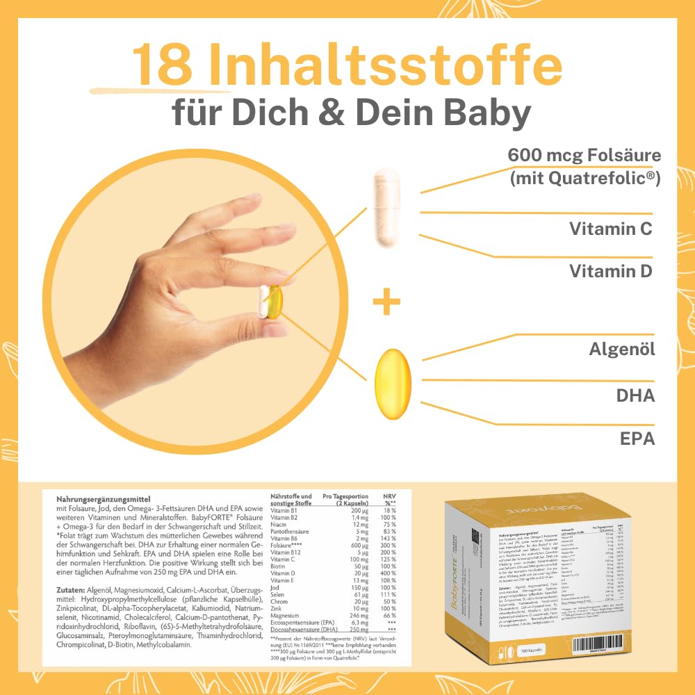 BabyFORTE Pregnancy Vitamins | 180 vegan capsules with folic acid, DHA, EPA, iodine &amp; Co.