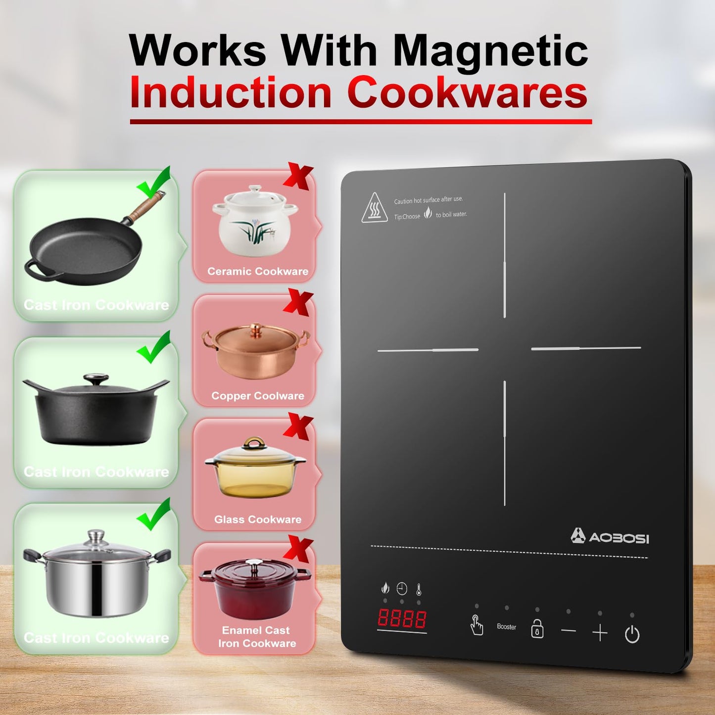 Aobosi Induction Hob 1 Plate, Induction Hob with Booster Function, 20 Power Levels and Temperature Levels, Compact Size, 2000W Portable Induction Hob, 10H Timer, Black