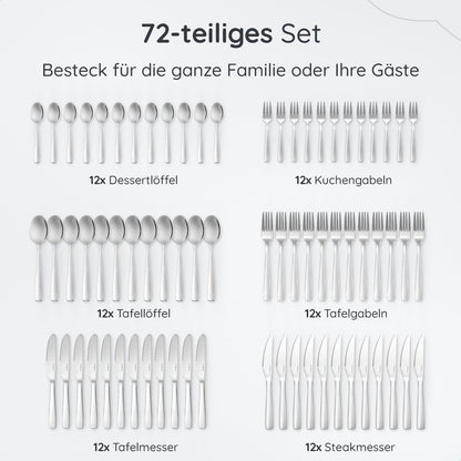 Deleca Edelstahl Besteckset für 12-Personen (72-teilig): Spülmaschinenfest, Silber-Tafelbesteck für Haus