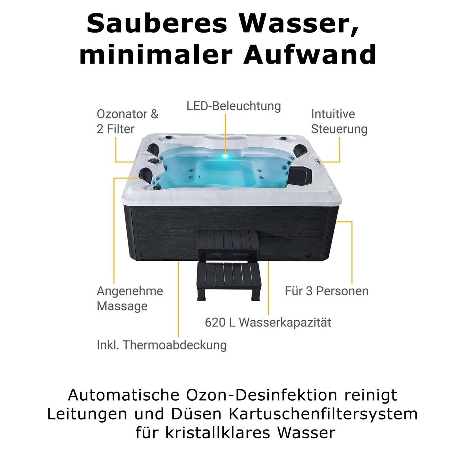 Outdoor-Whirlpool 'BERLIN' für 3 Personen inkl. Thermoabdeckung & LED: 31-Massagedüsen