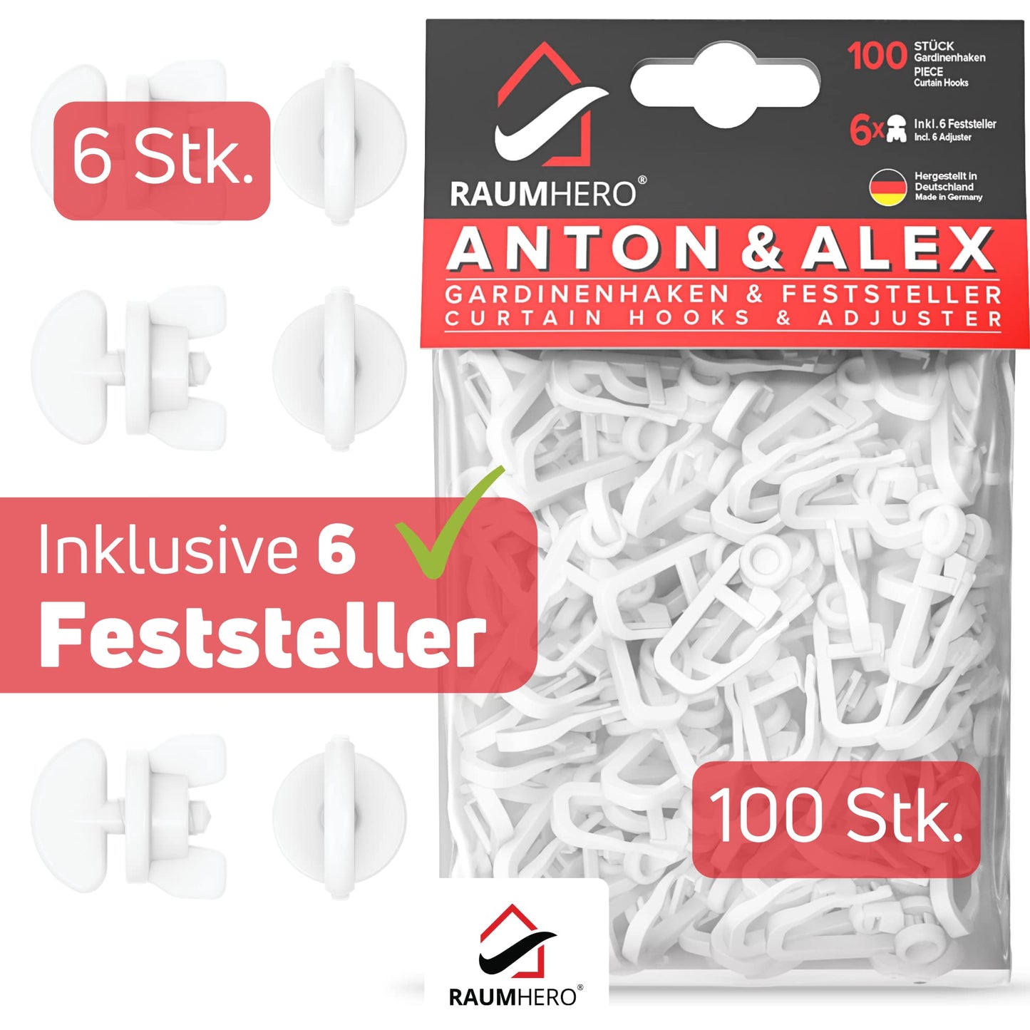 Raumhero Gardinen Rollengleiter (100 Haken & 6 Feststeller) -Weiß- Made in Germany