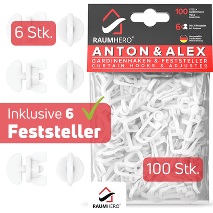 Raumhero Gardinen Rollengleiter (100 Haken & 6 Feststeller) -Weiß- Made in Germany