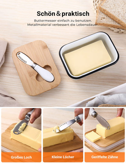 Butterdose mit Holzdeckel für 250g Butter mit multifunktionales Buttermesser