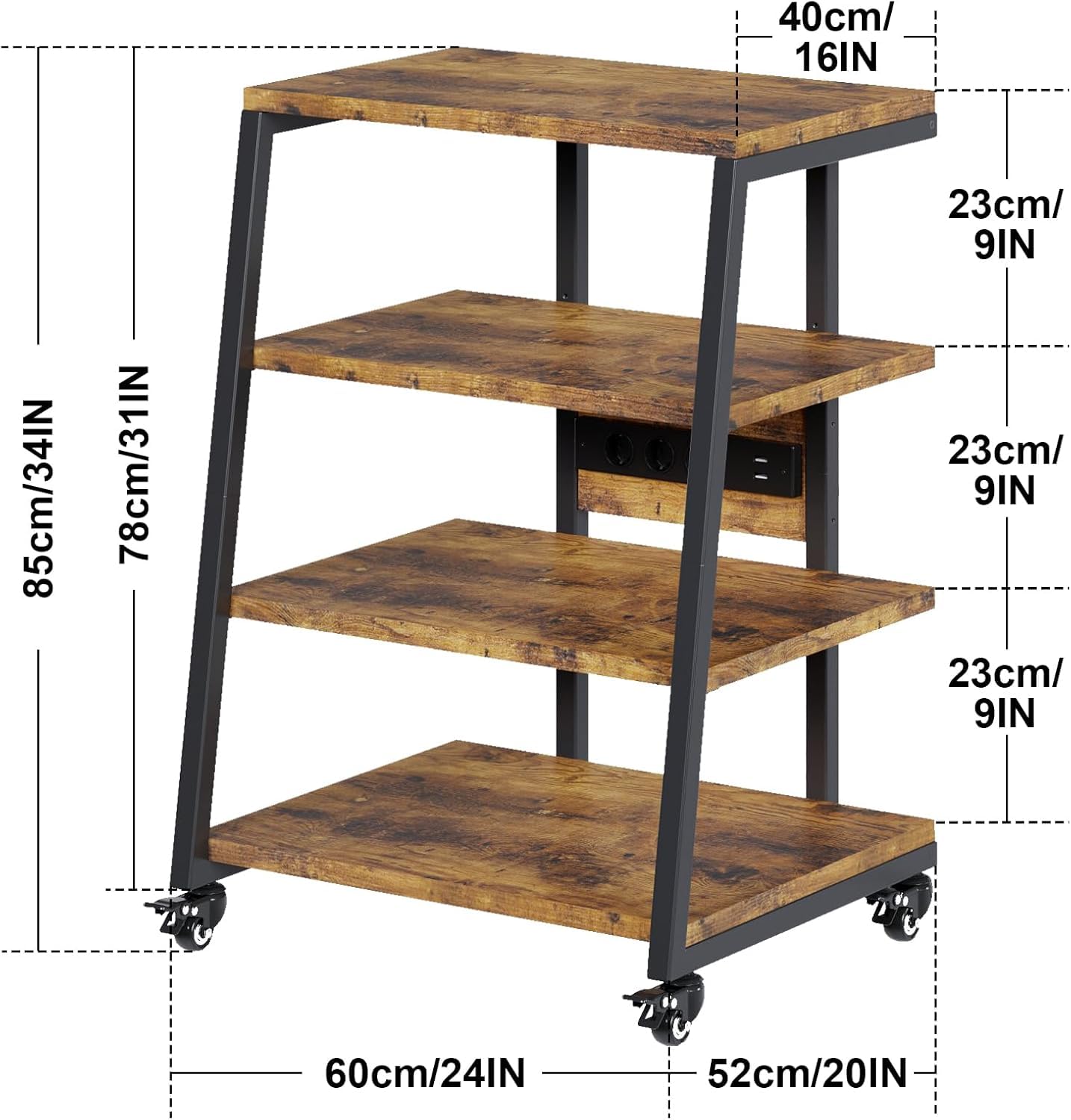 4-tier HiFi shelf with wheels, power strips &amp; LED lights for stereo systems, TV