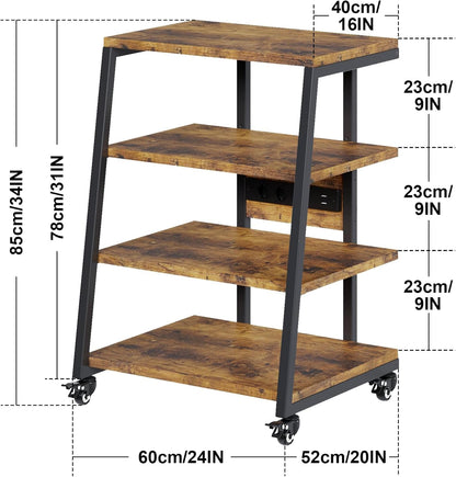 4-tier HiFi shelf with wheels, power strips &amp; LED lights for stereo systems, TV