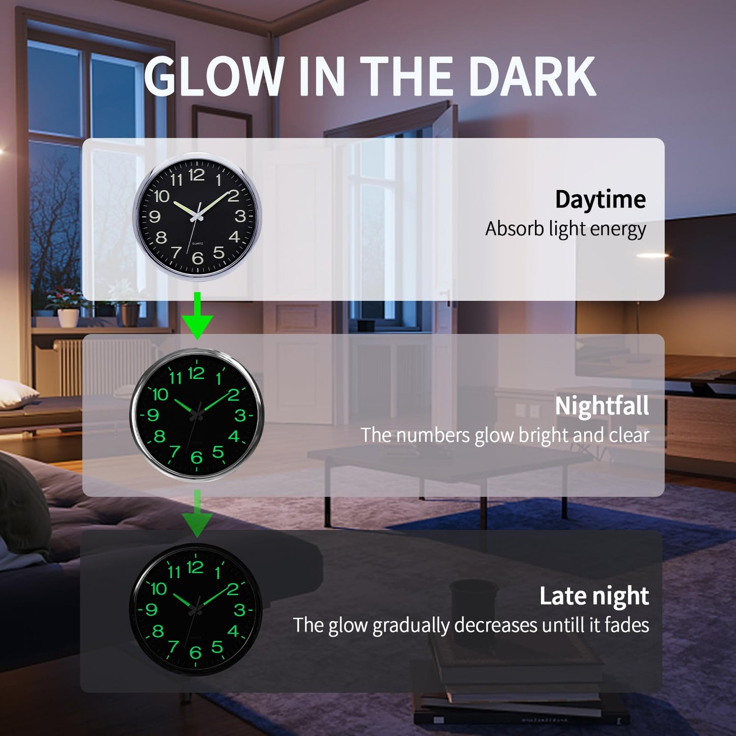 VINILITE Leuchtende Nachtlicht-Wanduhr (30cm) ohne Tickgeräusche: Batteriebetrieben für Wohnzimmer, Schlafzimmer, Büro