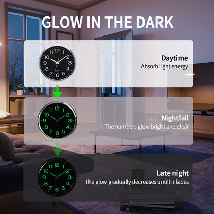 VINILITE Leuchtende Nachtlicht-Wanduhr (30cm) ohne Tickgeräusche: Batteriebetrieben für Wohnzimmer, Schlafzimmer, Büro