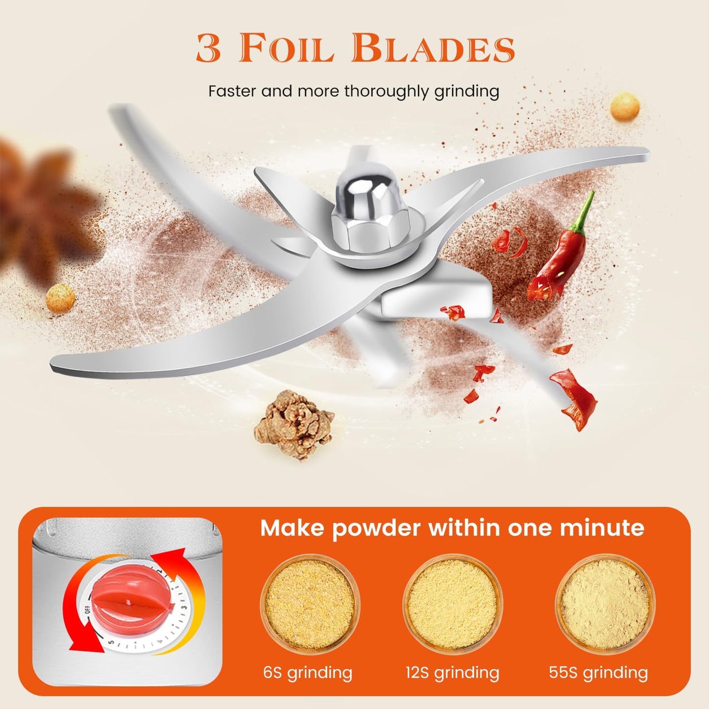 Electric grain mill (500g) made of stainless steel: High speed with 28000rpm powerful motor