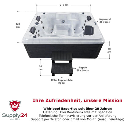 Outdoor-Whirlpool 'BERLIN' für 3 Personen inkl. Thermoabdeckung & LED: 31-Massagedüsen