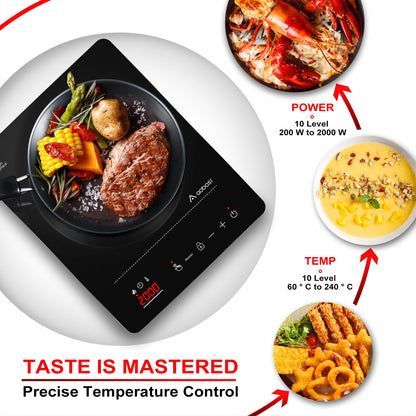 Aobosi Induction Hob 1 Plate, Induction Hob with Booster Function, 20 Power Levels and Temperature Levels, Compact Size, 2000W Portable Induction Hob, 10H Timer, Black