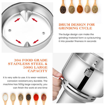 Electric grain mill (500g) made of stainless steel: High speed with 28000rpm powerful motor