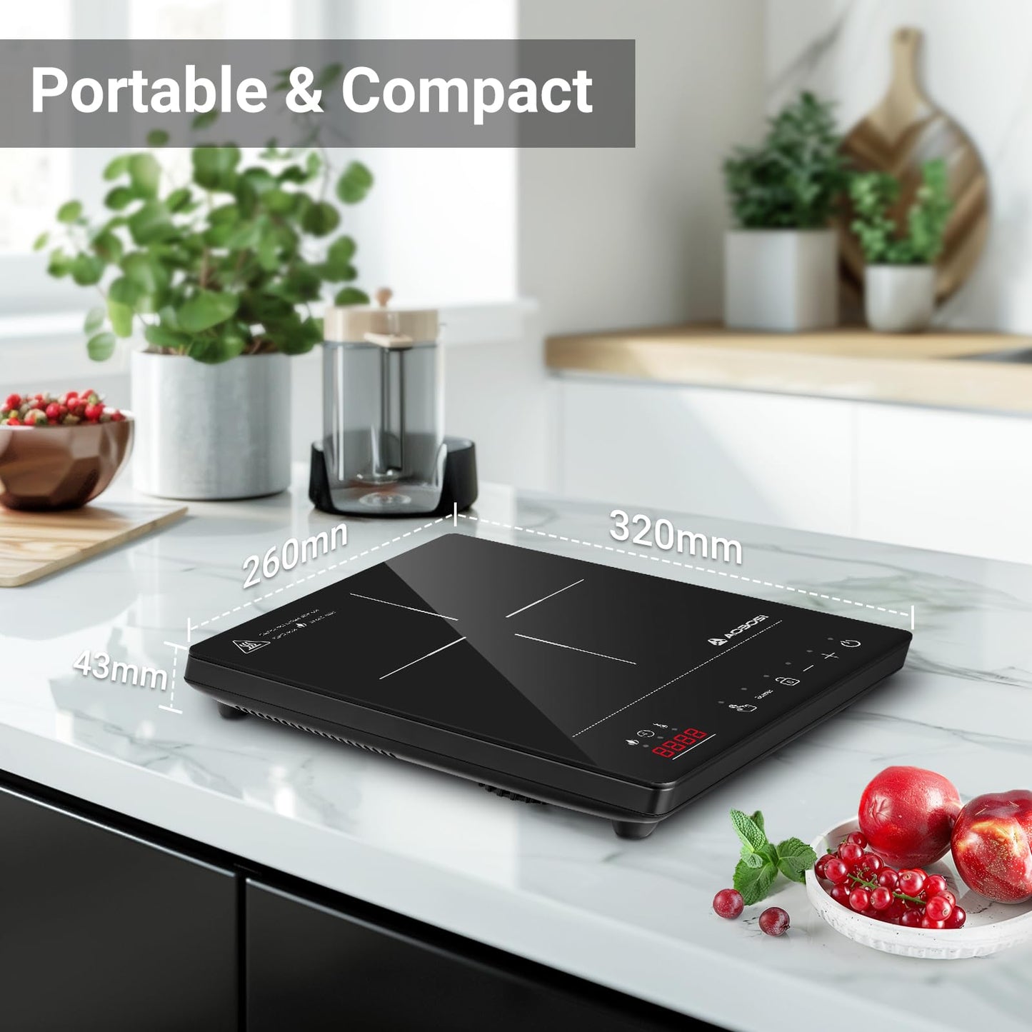 Aobosi Induction Hob 1 Plate, Induction Hob with Booster Function, 20 Power Levels and Temperature Levels, Compact Size, 2000W Portable Induction Hob, 10H Timer, Black