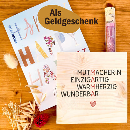 Muttertagsgeschenk 'Mutmacherin Holzbild' + Reagenzglas zum Hinstellen