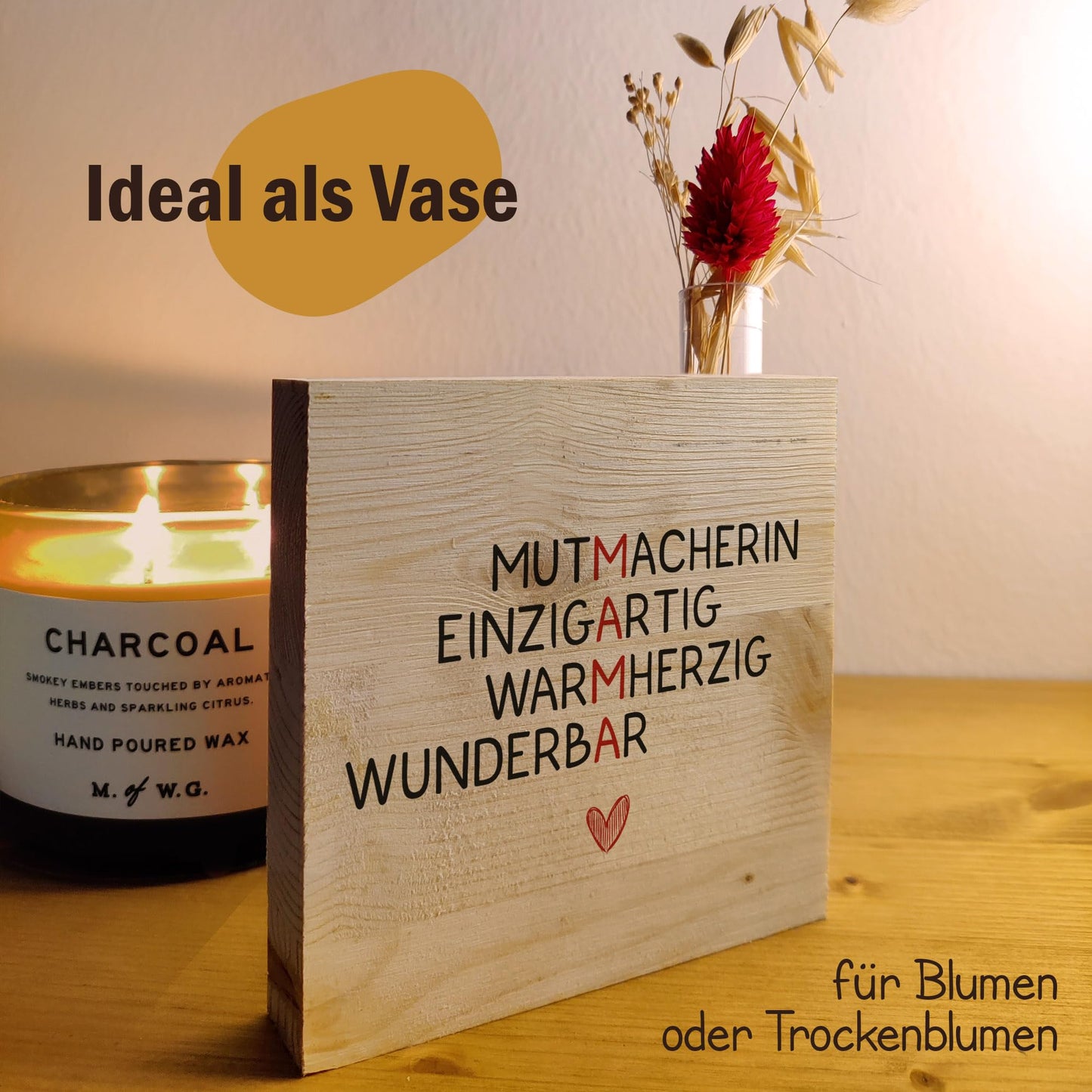 Muttertagsgeschenk 'Mutmacherin Holzbild' + Reagenzglas zum Hinstellen