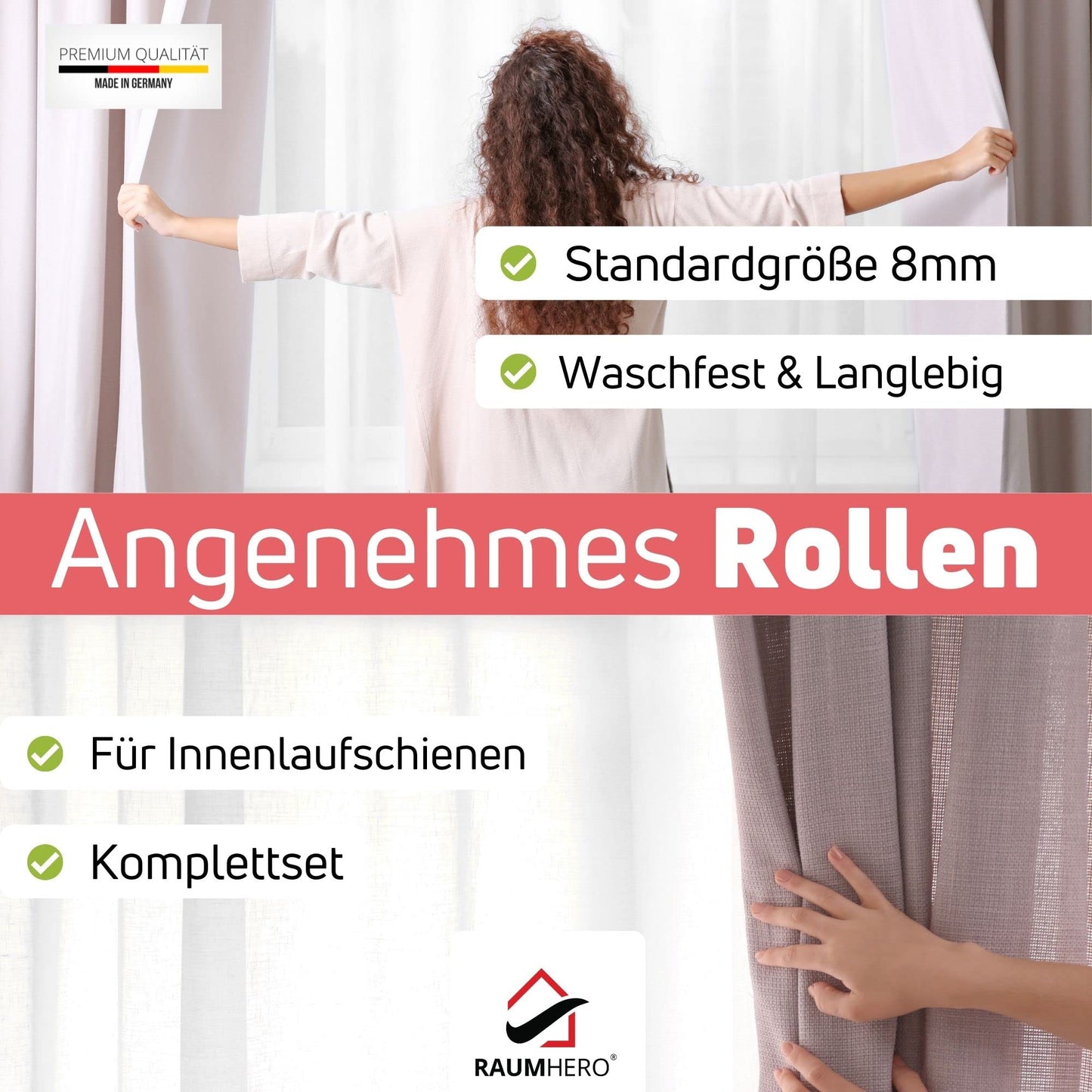 Raumhero Gardinen Rollengleiter (100 Haken & 6 Feststeller) -Weiß- Made in Germany