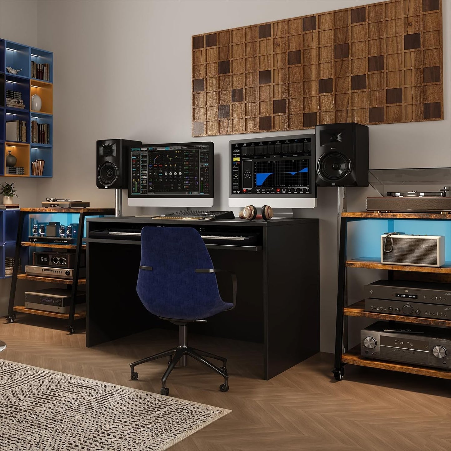 4-tier HiFi shelf with wheels, power strips &amp; LED lights for stereo systems, TV