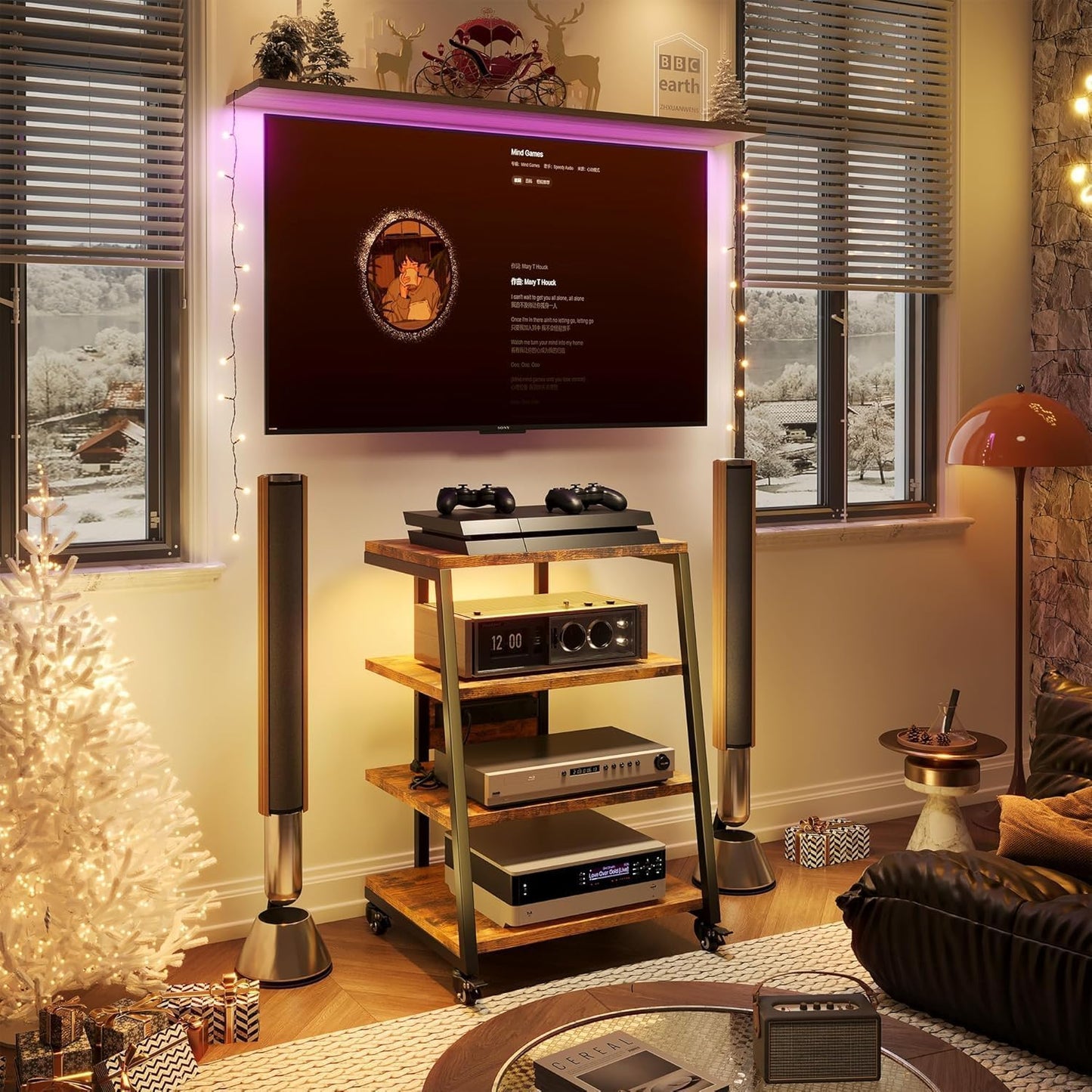 4-tier HiFi shelf with wheels, power strips &amp; LED lights for stereo systems, TV