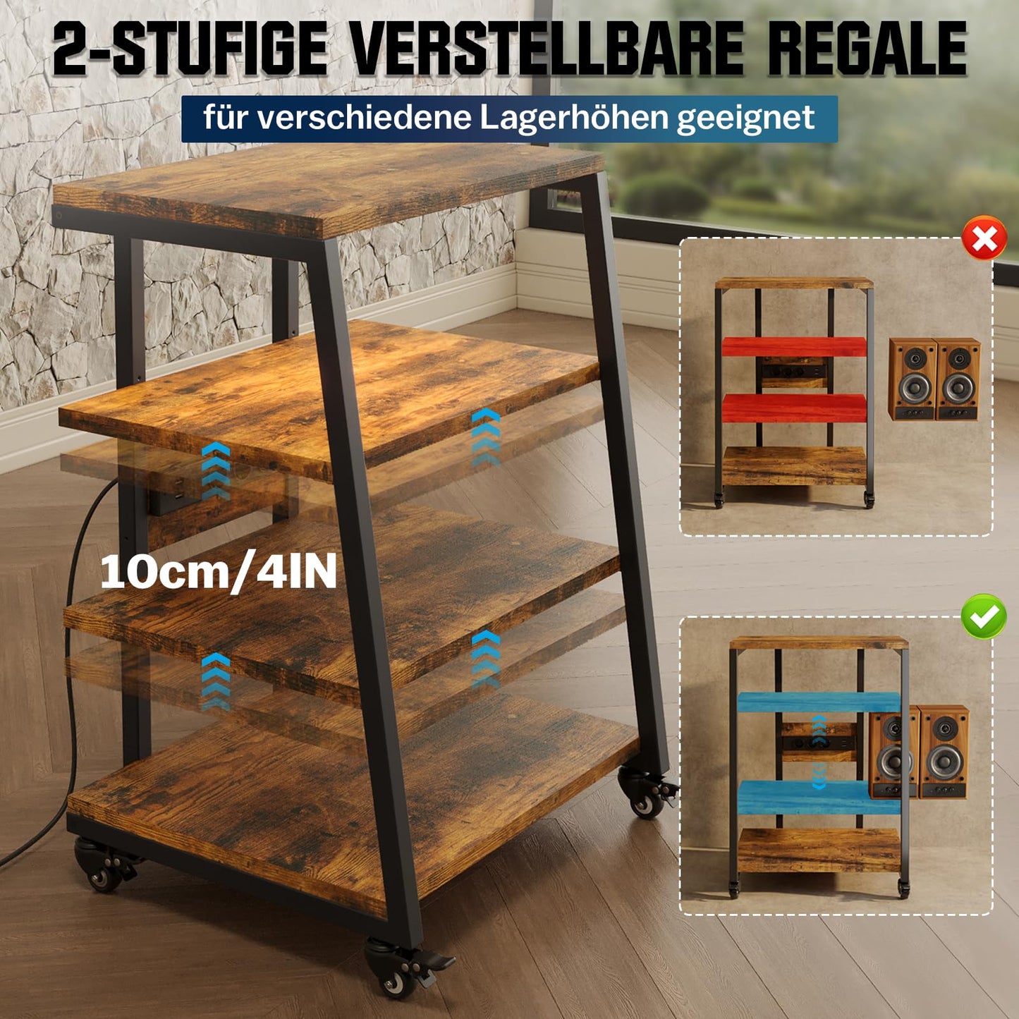 4-tier HiFi shelf with wheels, power strips &amp; LED lights for stereo systems, TV