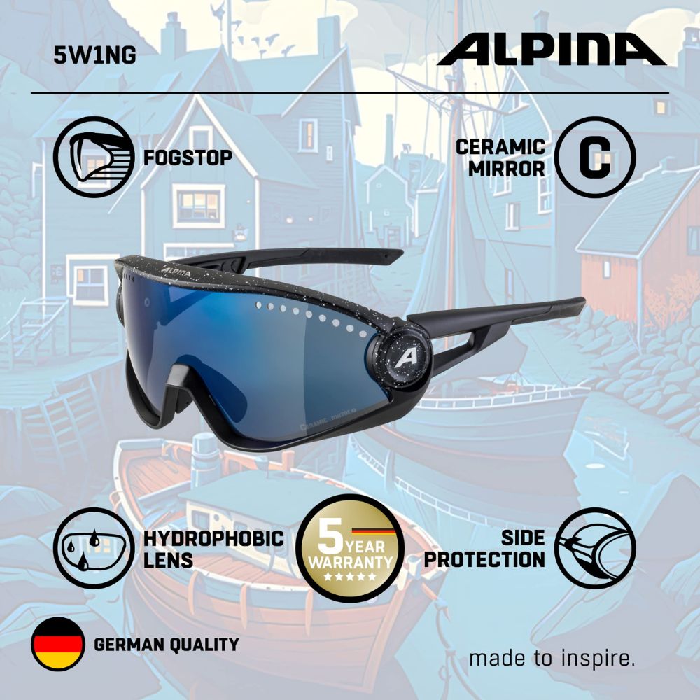 Alpina '5W1NG CM+' Unisex Sportbrille: 100% UV-Schutz, Ceramic-Gläser, Fogstop (Black-Blur)