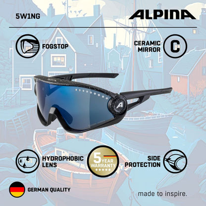 Alpina '5W1NG CM+' Unisex Sportbrille: 100% UV-Schutz, Ceramic-Gläser, Fogstop (Black-Blur)