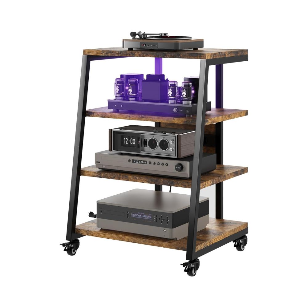 4-stufiger HiFi-Regal mit Rädern, Steckdosenleisten & LED-Leuchten für Stereoanlagen, TV